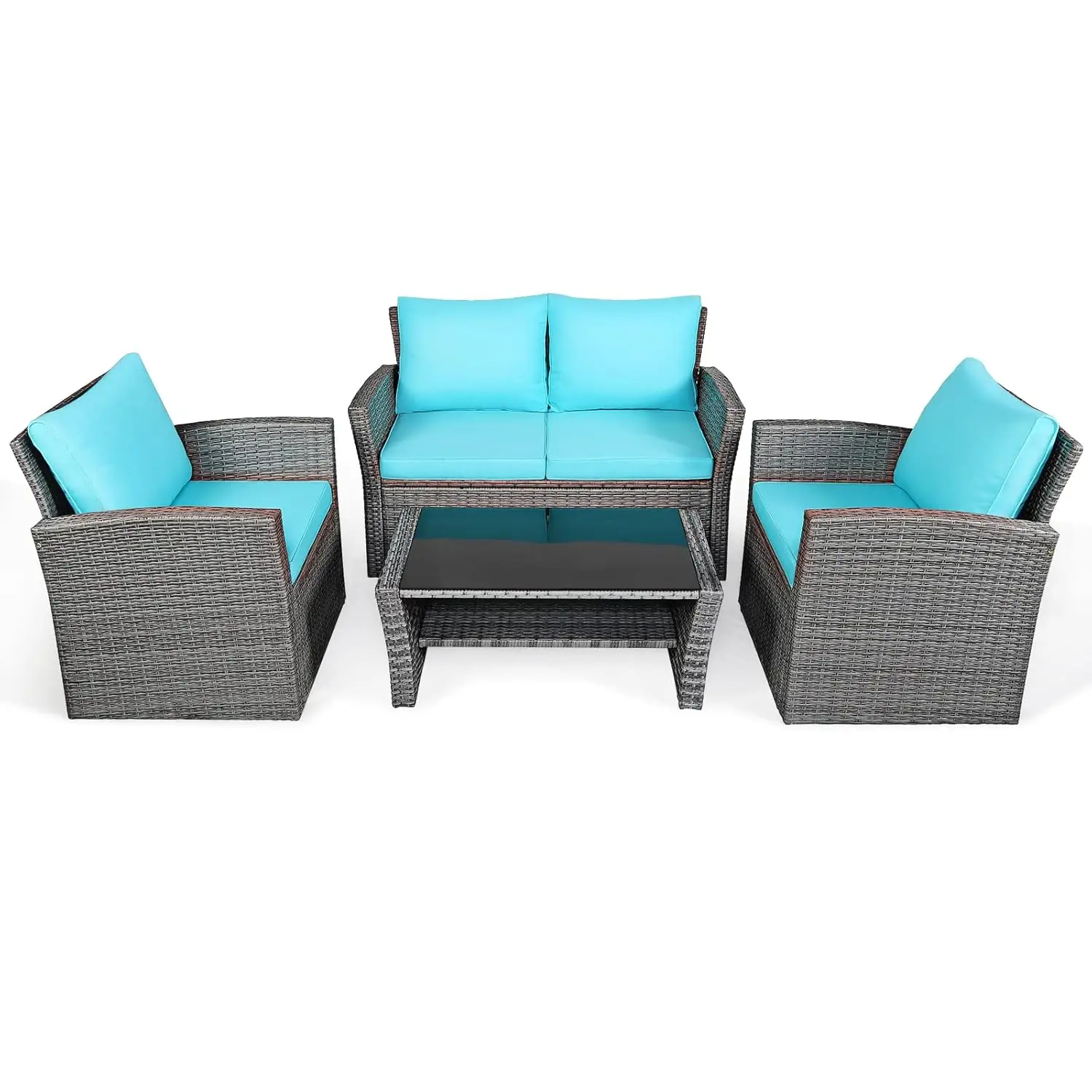 

4pc Rattan Patio Set Outdoor Wicker Sofa & Glass Table Cushions All Weather Yard Balcony, Custom