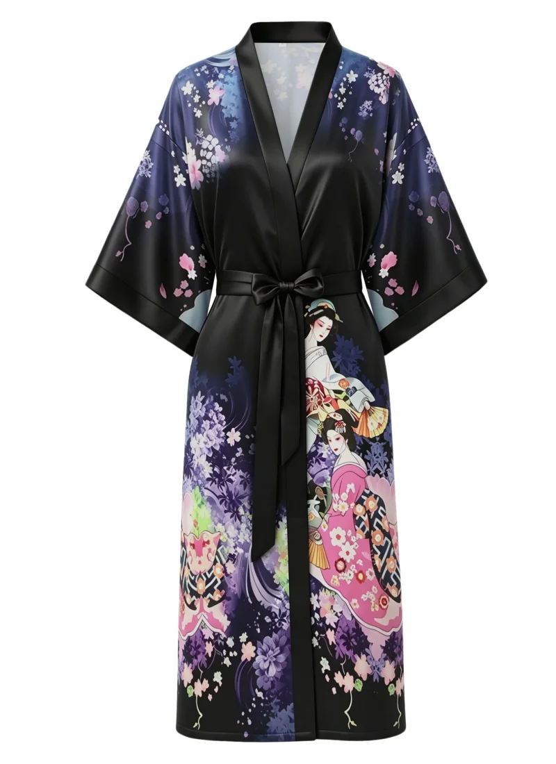 

Women's Japanese Kimono Robe - Geisha & Cherry Blossom Print Satin Long Bathrobe, Floral Nightgown with Belt