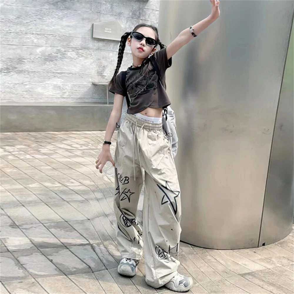 2475 Coconut Tree Print Summer Youngsters Street Dance Pants Children\'s Casual Girls Cargo Pants Korea Wide Leg Pants