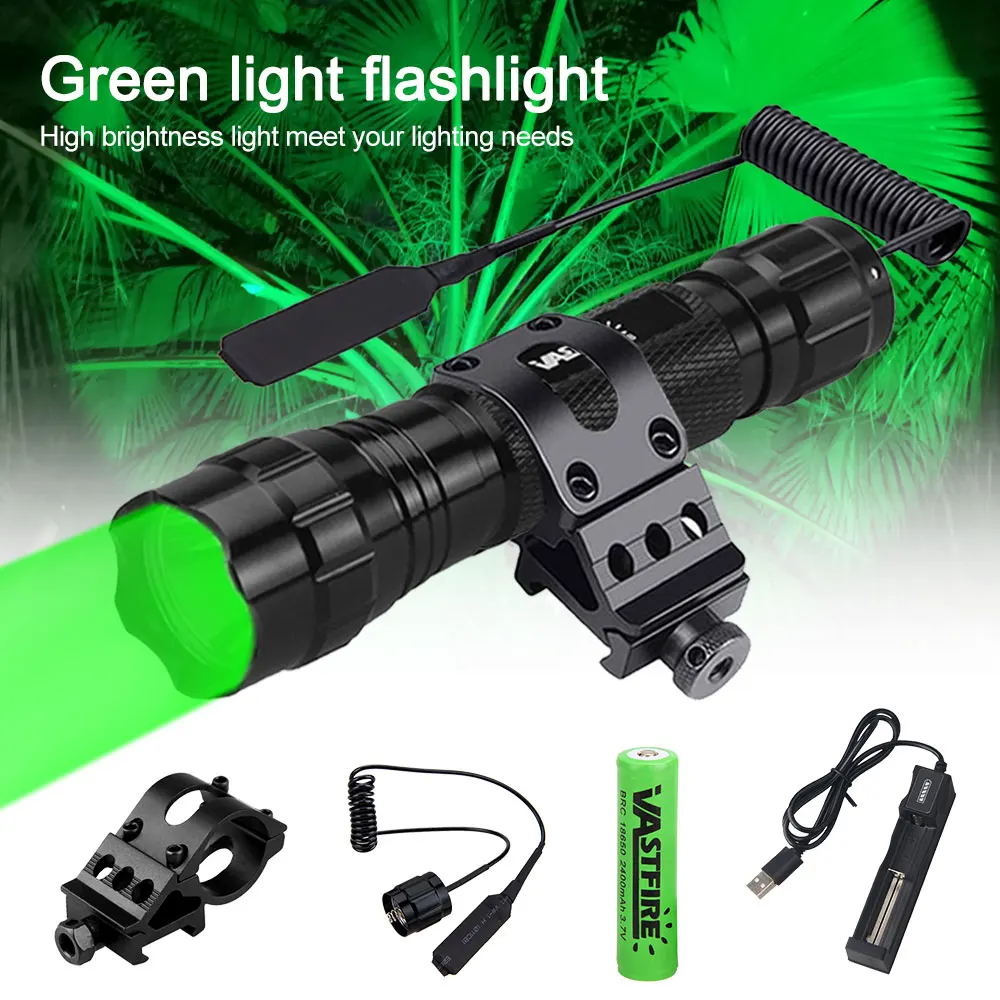 Professional High bright Green LED Hunting Flashlight 1-Mode Torch USB Rechargeable Lantern Power lamp by Battery