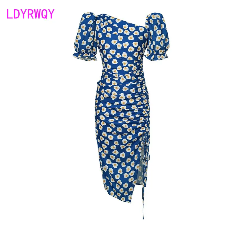 Summer 2023 new Hong Kong-style style slanted shoulder puff sleeves blue print pleated design dress