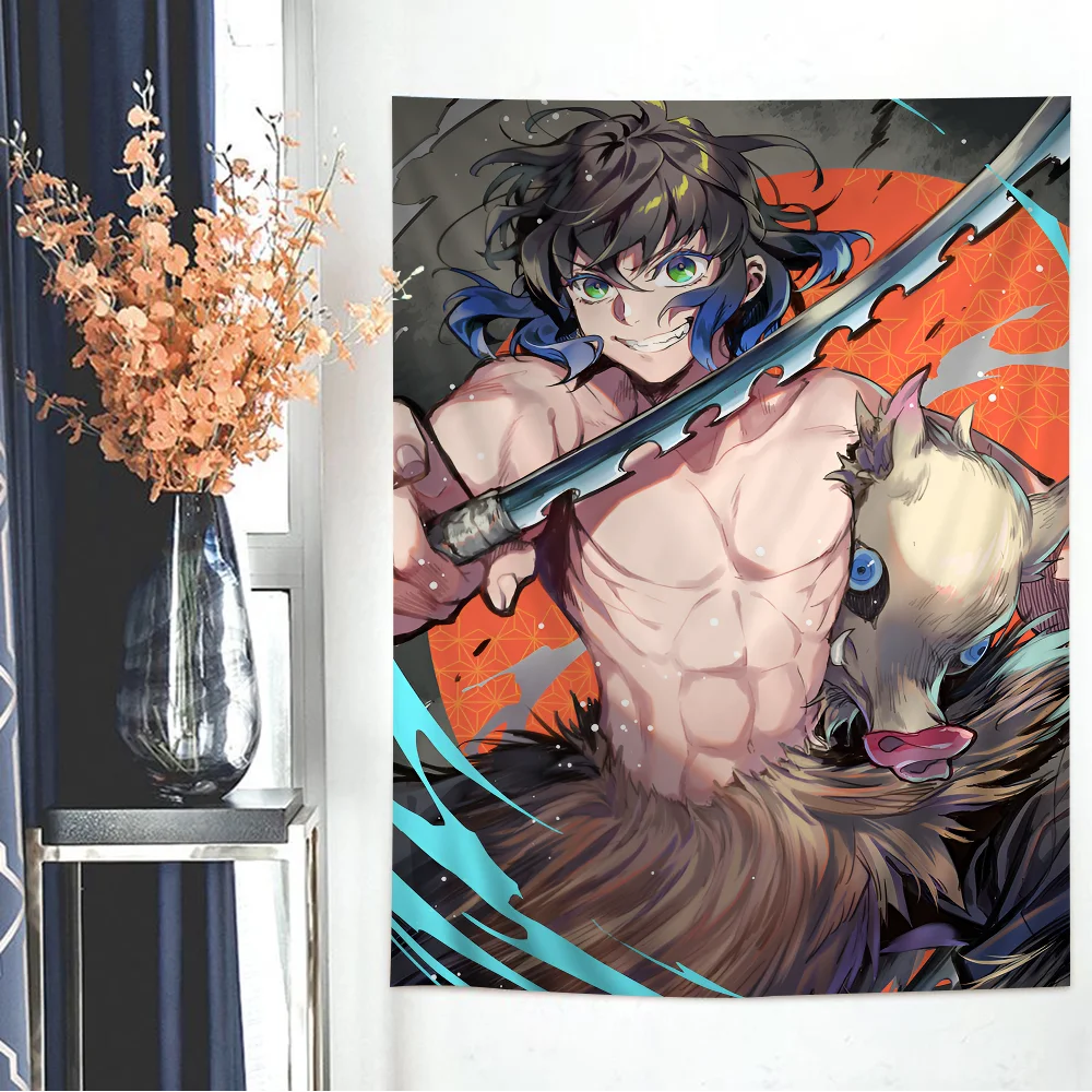 Demon Slayer Hashibira Inosuke Printed Large Wall Tapestry Cheap Hippie Wall Hanging Bohemian Wall Tapestries Mandala INS Home