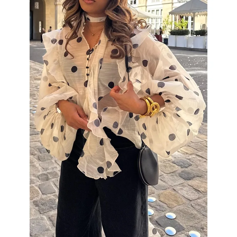 

Прозрачные рубашки в горошек, женские рубашки 2025, эластичная вечерняя блузка с рюшами и пышными рукавами на пуговицах, женская одежда 182637
