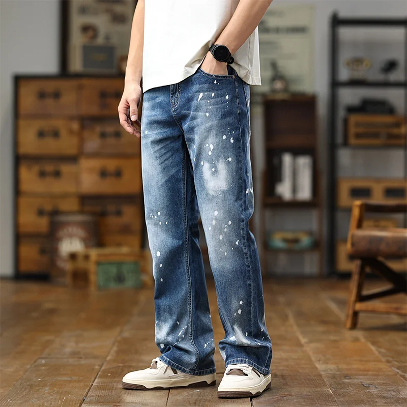 

Spring/Summer New American Retro High Street Elastic Denim Pants Size 28-40 Speckled Loose Jeans Wide Leg Baggy Jeans