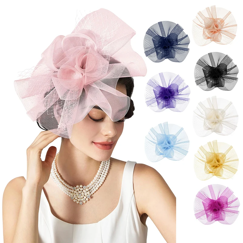 Women Fascinator Hat Cocktail Wedding Party Church Headpiece Elegant Headwear Bride Hairpin Stamen Mesh Hair Accessories