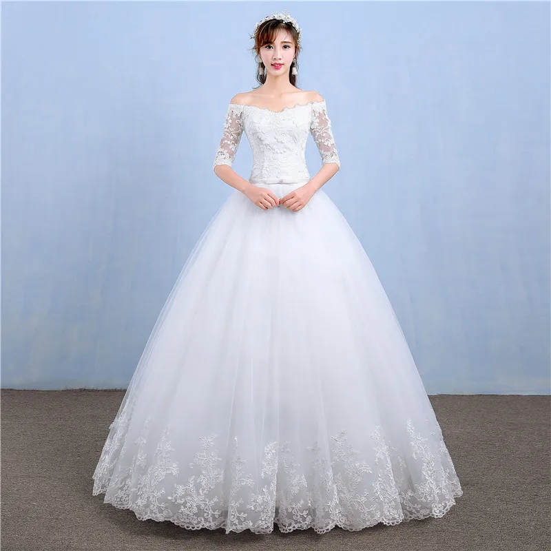 Gaun pesta putih gaun pernikahan wanita gaun pengantin leher V Tulle applique setengah lengan gaun pengantin Formal Vestido De Noiva robe de mariee