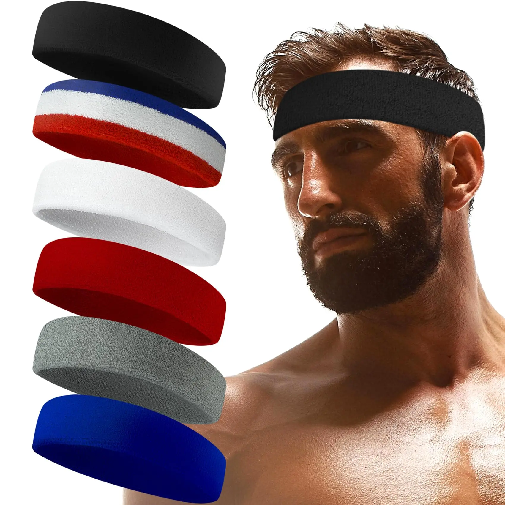 Sweatbands Sports Headband for Men & Women -Moisture Wicking Athletic Cotton Terry Cloth Sweatband for Tennis Basketball Running