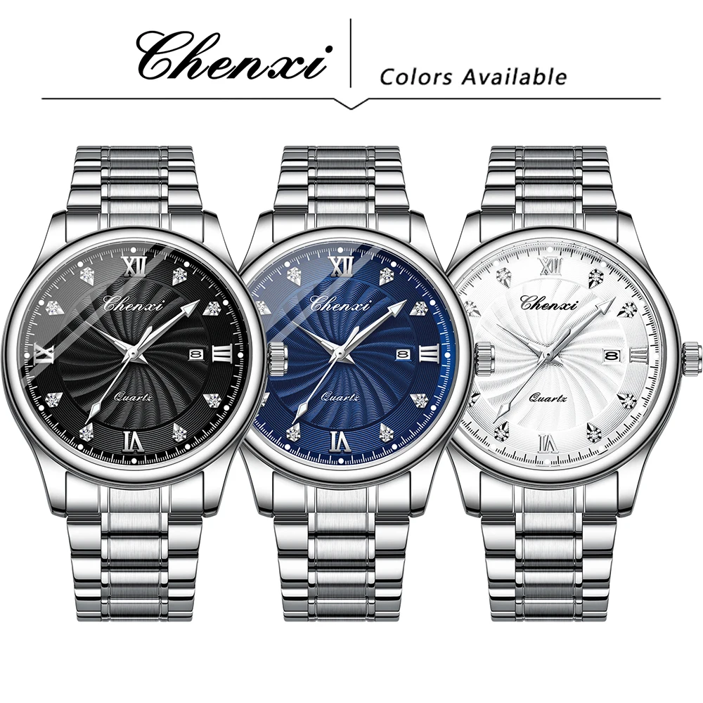 남자를위한 패션 비즈니스 실버 시계 빛나는 라운드 다이얼 석영 손목 시계 방수 달력 디스플레이 남자 시계 CHENXI