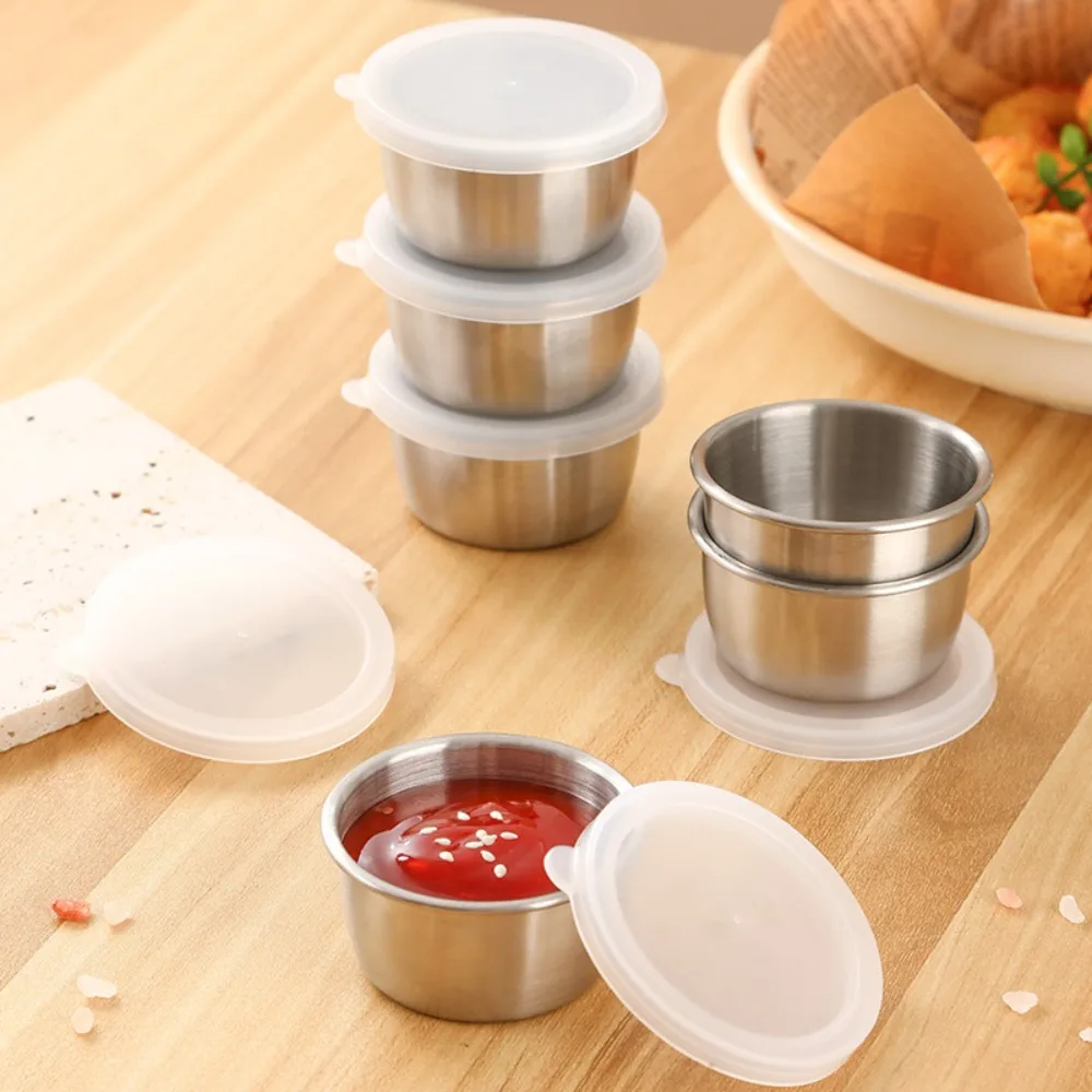 6 Stück Saucenbecher aus Edelstahl 304, 40 ml, mit Deckel, Saucen-Gewürzbehälter, auslaufsicher, rund, für Salatdressing, Pommes Frites