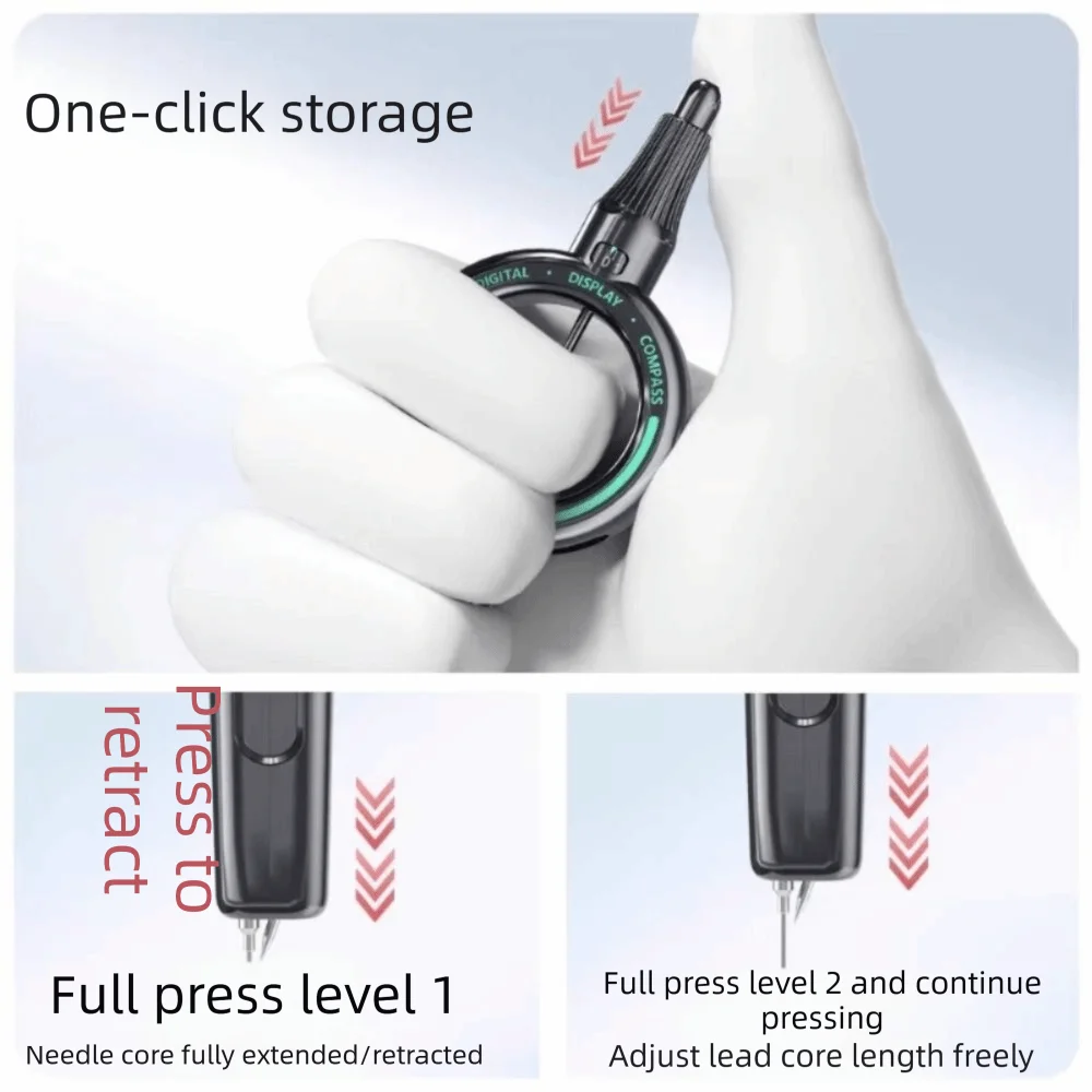 Push-action Digital Display Compass Safe Retractable Press Compass Ruler 2B 0.5mm Circle Drawing Gauge Learning Art Supplies