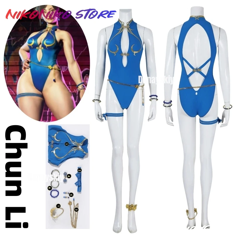 

Chun Li Cosplay Jumpsuit Earrings Bracelet Game Fighter 6 Roleplay Costume Headband Women Swimsuit Bodysuit Halloween Party Suit
