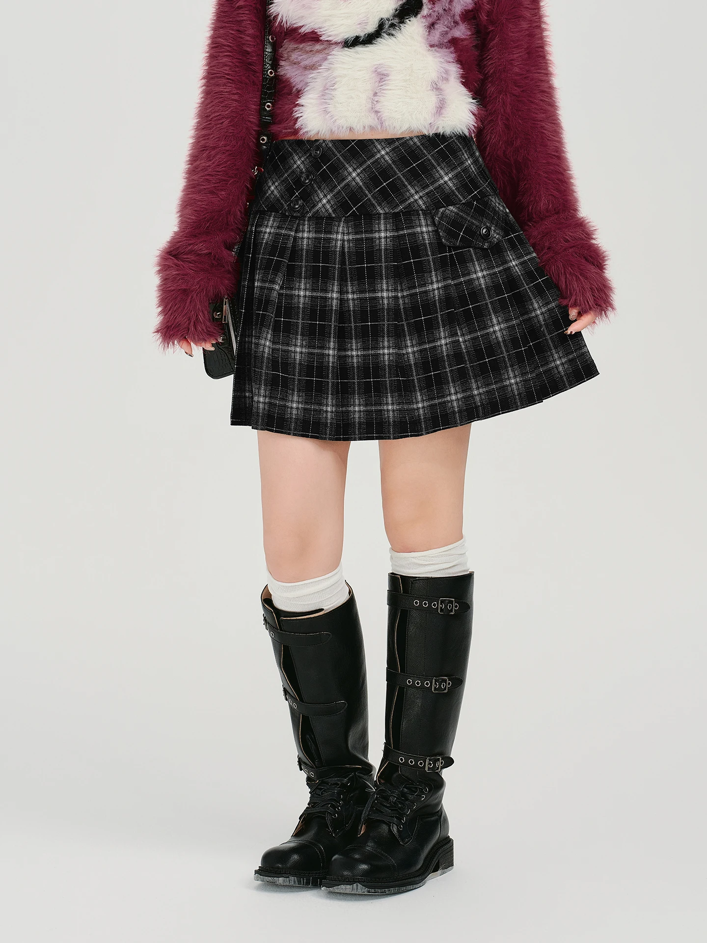 

Женская короткая плиссированная юбка в американском ретро-стиле в клетку, с высокой талией, стройнящая, осенняя новинка, повседневная, А-силуэт