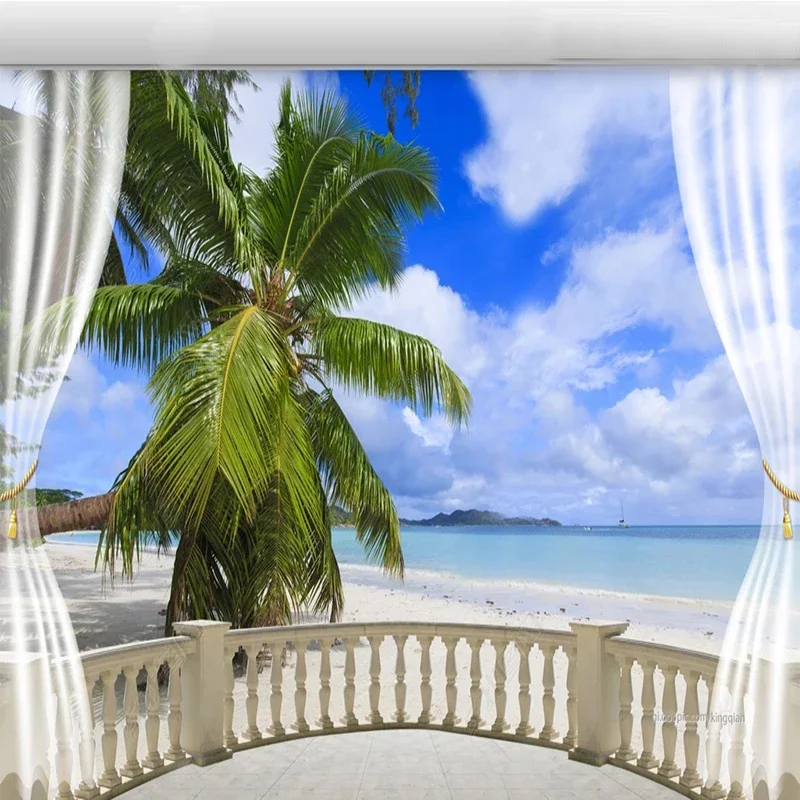 Custom 3D Murals Beautiful European Balcony Beach Seascape 3D Photo Wallpaper Living Room Bedroom TV Backdrop Home Decor Fresco