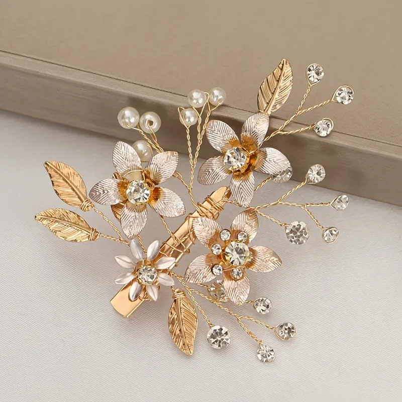 Golden Flower Bride Hair Clip Barrettes Fashion Hair Accessories Wedding Hair Jewelry Pearl Rhinestone Hairpins Women Headpiece image 2