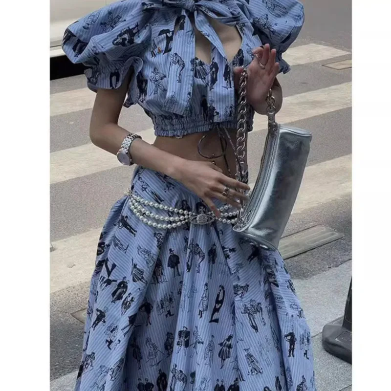 

Blue Lace Up Dress Set Women Korea Print Top Half Skirt Patchwork High Street Dopamine Pants Set Loose High Quality 2 Piece Set