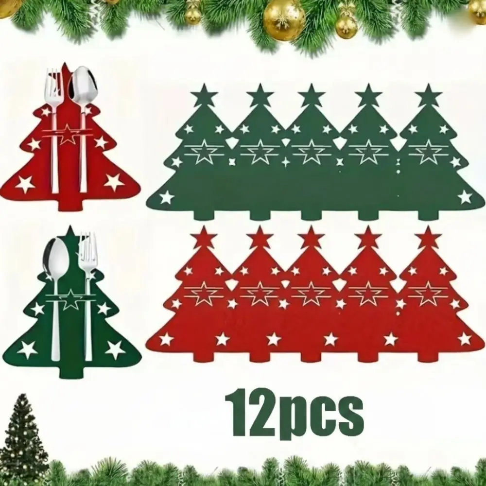 Tree or Reindeer Shape Christmas Cutlery Holders Red Flat Silhouette Christmas Utensil Pockets Cutlery Slot