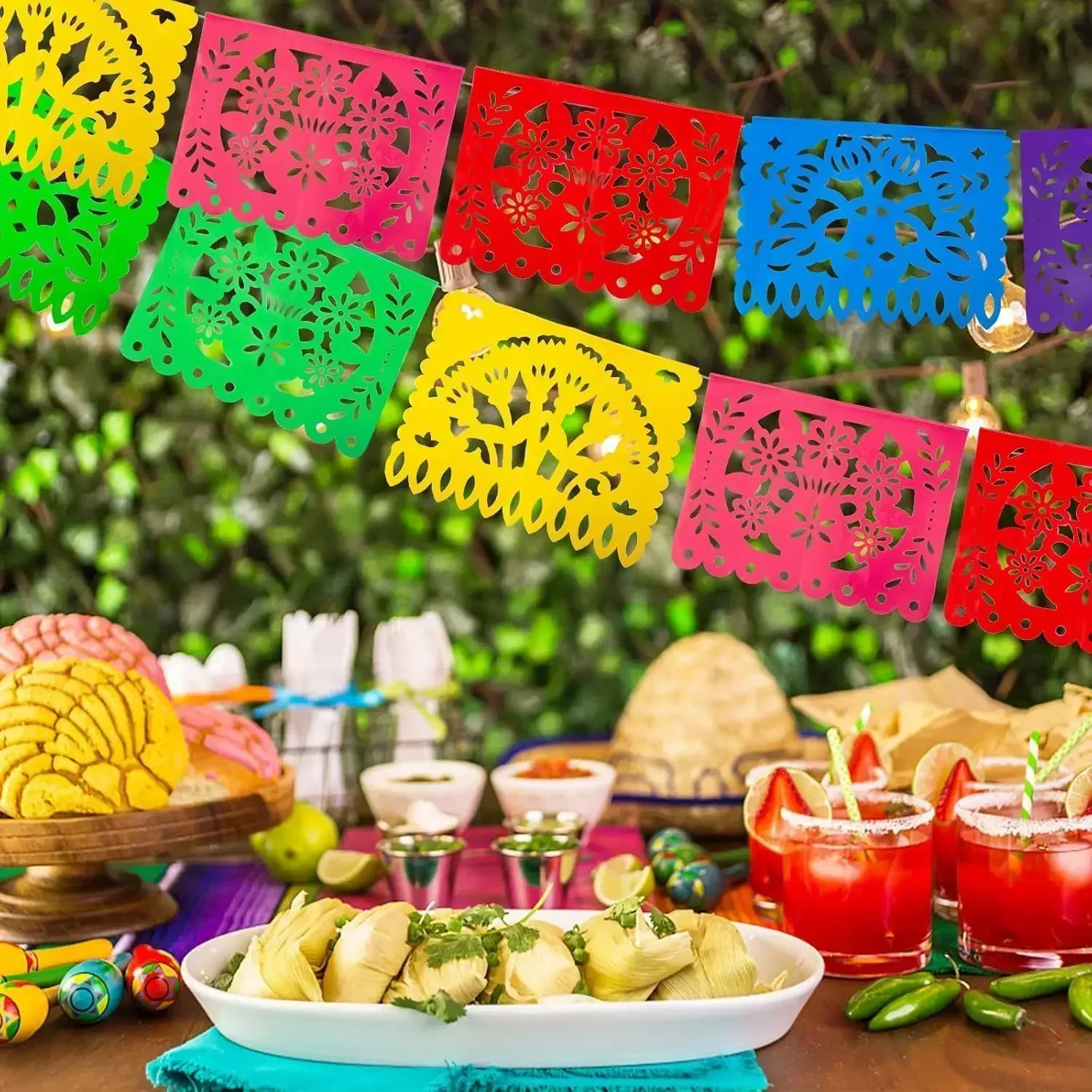 4 PCS Mexican Party Banners,  Plastic Papel Picado Mexico Decor, Easter Decor, ,  Day of The Dead Decoration, 18 Feet Total  ﻿