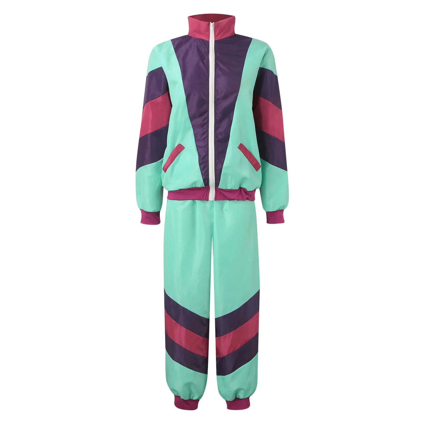 Adult Women And Man 80s Tracksuit Set Retro Hip Hop Windbreaker Disco Tracksuit Colorblock Loose Fashionable Two Piece Outfits