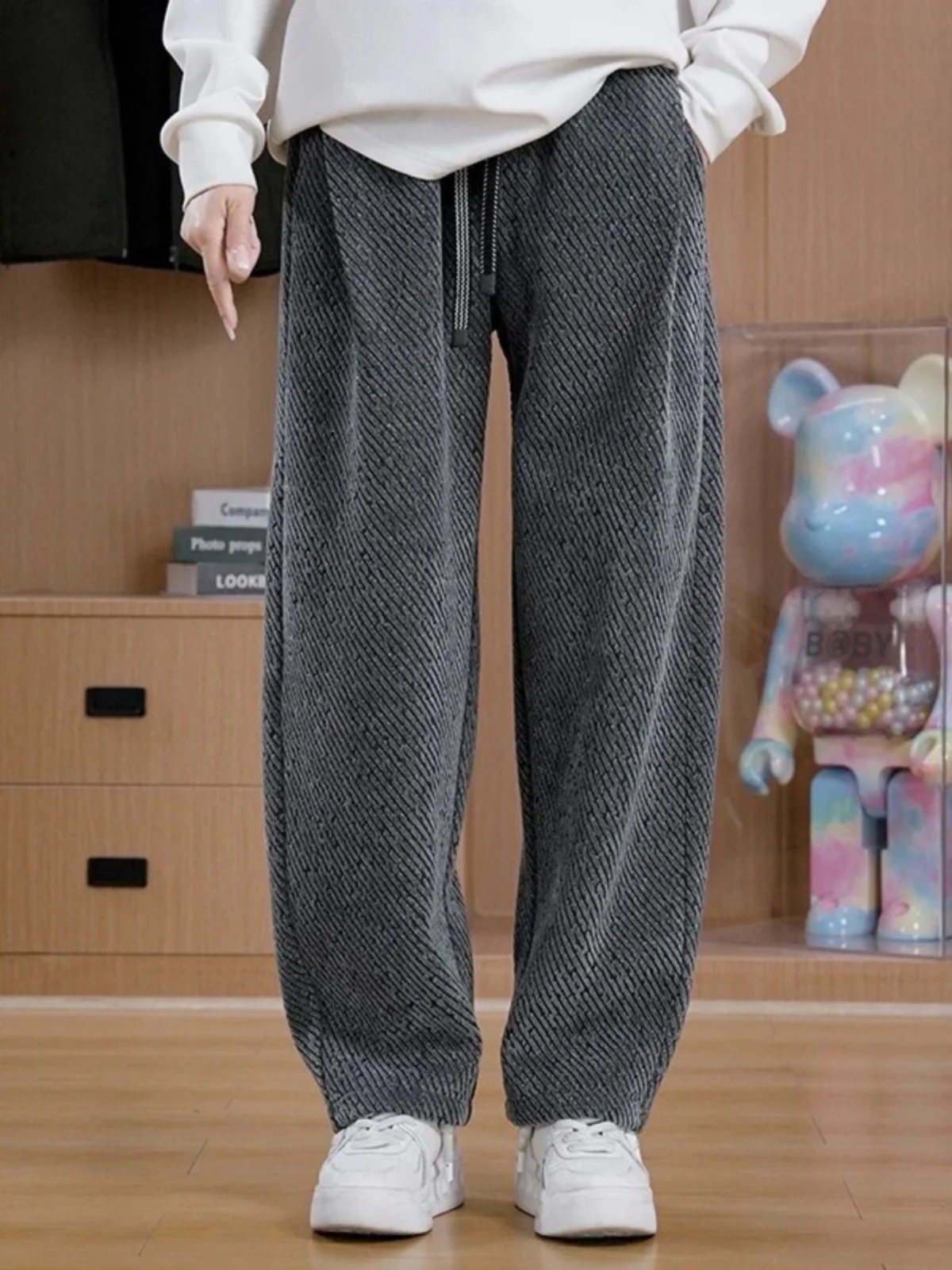 

Men's Casual Straight Leg Fce Lined Sweatpants Autumn Winter Loose Lazy Sle Diagonal Stripe ey Pants Youth Faion