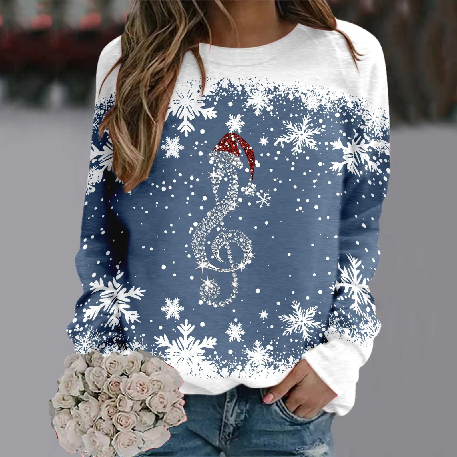 Musical Note Printed Women Sweatshirt Casual Patchwork Snow Christmas Print Crewneck Long Sleeve Hoodie Female Pullover Tops