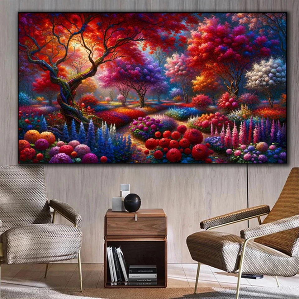 Colorful Fantasy Landscape Large Diy Diamond Painting Full Vibrant Red Flower-Filled Forest Diamond Mosaic Cross stitch Kits ﻿