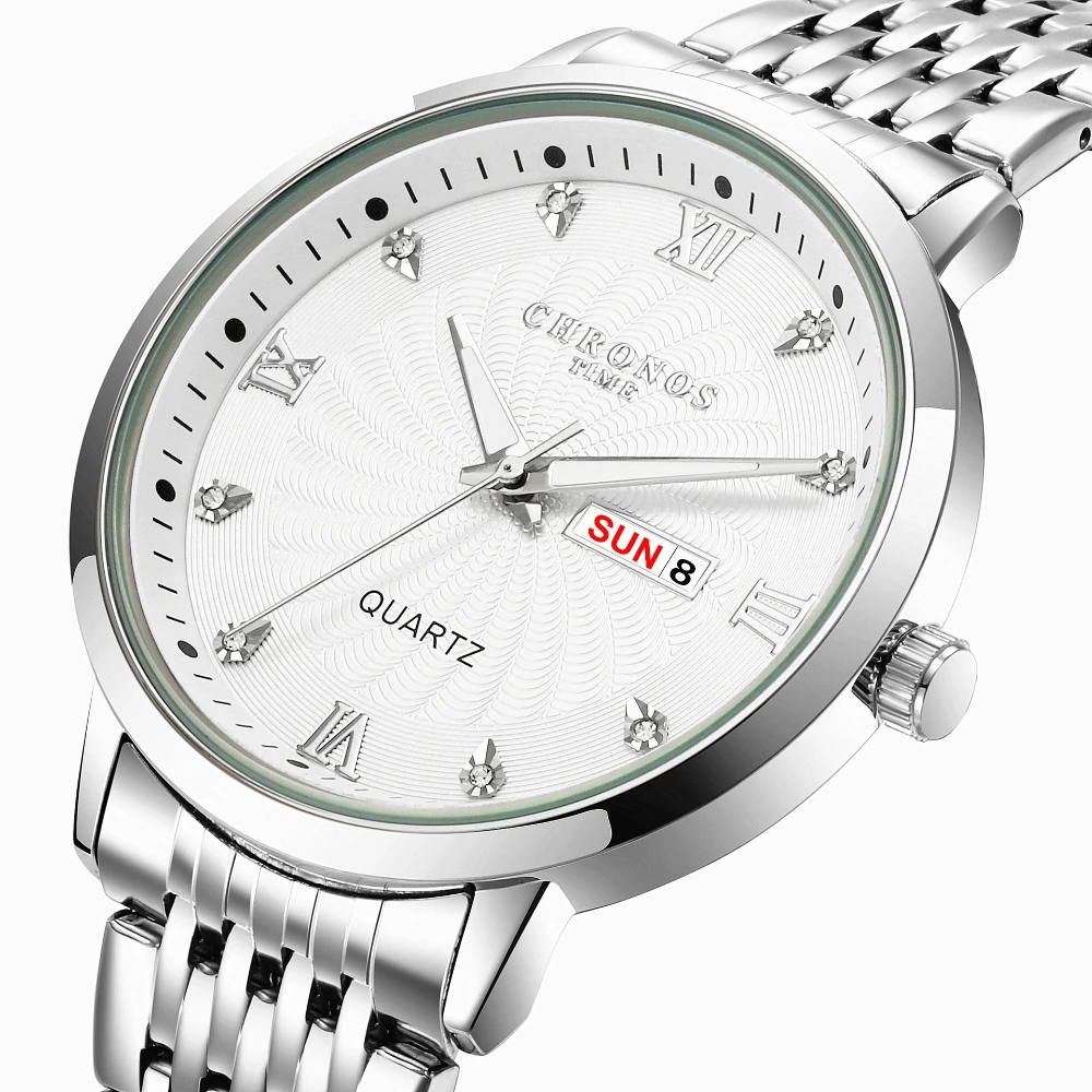 CHRONOS Mens Watch Waterproof Stainless Steel Business Men Wrist Watches with Calendar Auto Date Quartz Classic Office Timepiece