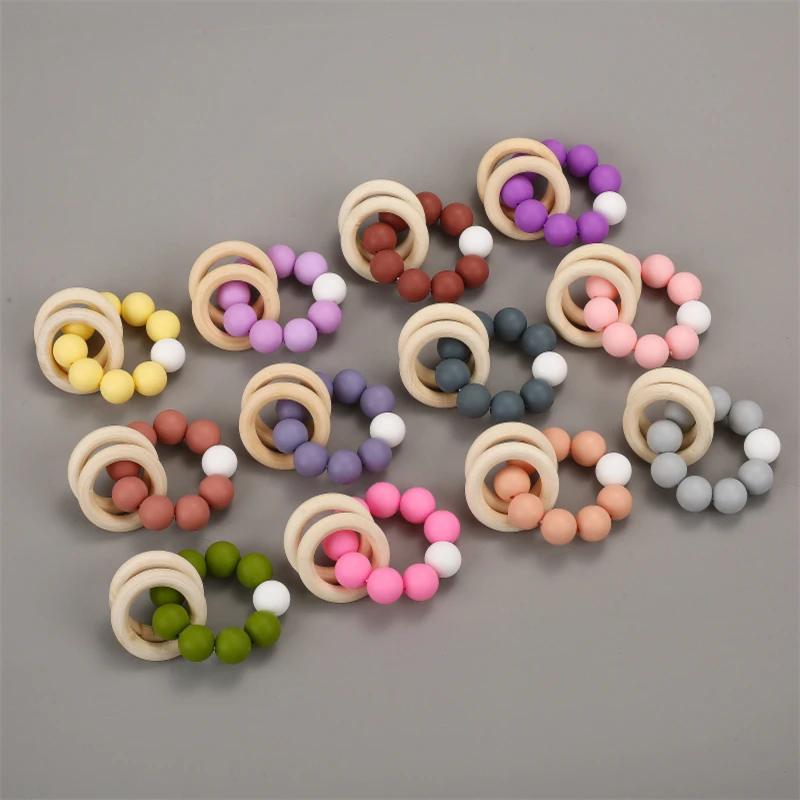 Wooden Toys Baby Bracelets Teether Silicone Beads Teething Wood Ring Rattles Toys Infant Nursing Gift for Newborns BPA Free