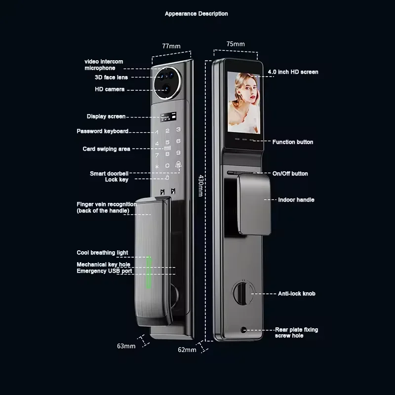 Fully Automatic HD Camera Face ID Password Digital Door Lock Xhome App Password Fingerprint Smart Door Lock With Finger Vein