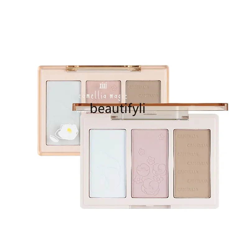 yj Three-Color Shading Powder Plate Pearlescent Thin and Glittering Brightening Chin Blue Blush Highlight Repair Makeup Palette