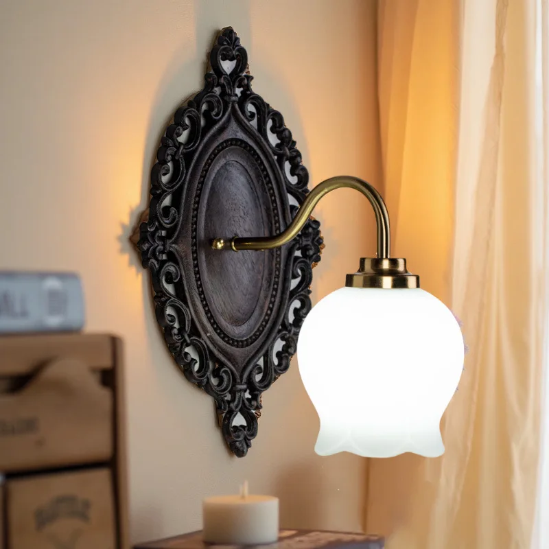 Vintage LED wall lamp luxury flower shadow solid wood bedside French living room bedroom ancient mirror front