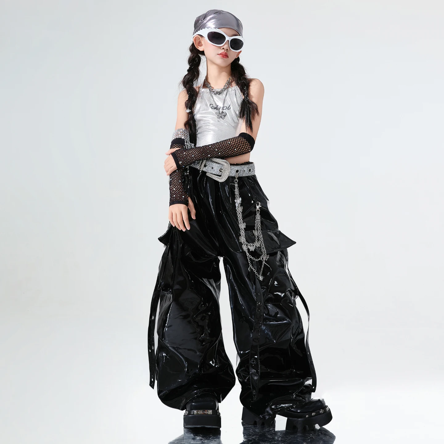 Pantaloni cargo lucidi in pelle PU con paillettes Hip Hop per ragazze Costumi di gruppo per ragazze di ballo di strada per bambini Abbigliamento jazz streetwear per bambini