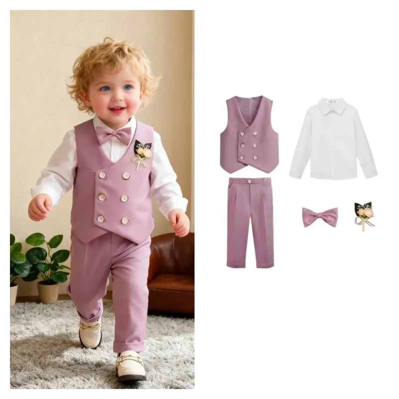 Russischer Kinder-Sommeranzug mit Weste, Hose, Fliege und Blumen für Fotografie, Geburtstag, Hochzeit, Klavier-Auftritte und Bühnenauftritte