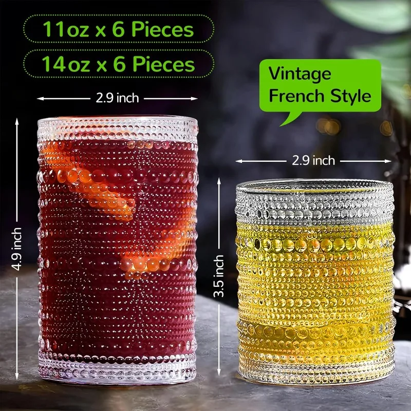 Vintage Hobnail Drinking Glasses Set of 12-14 oz Old Fashioned Water Glass Cups & 11 oz Cocktail Glasses