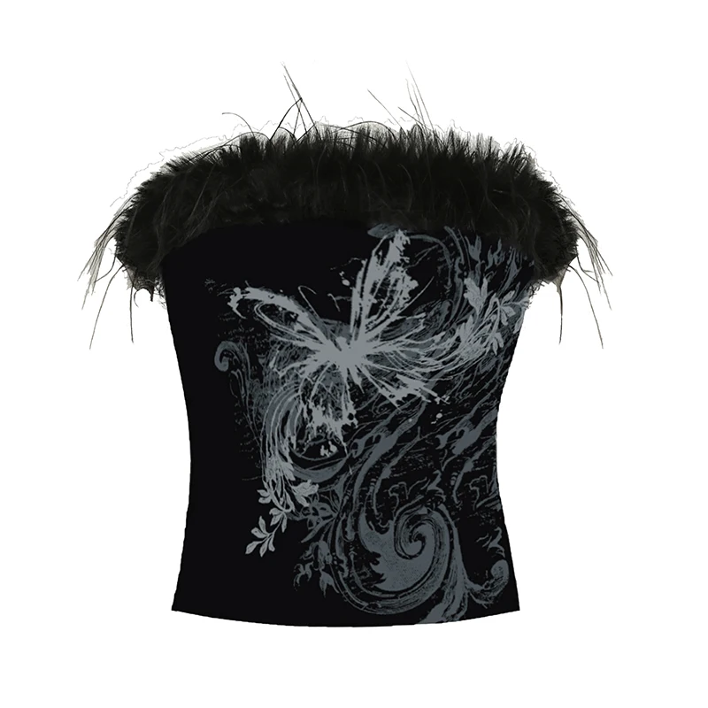 

European and American Dark Mutation Butterfly Fluff Splicing Tube Top Sexy Inner Top