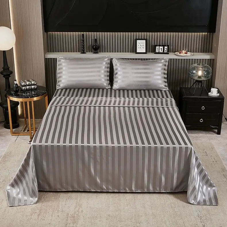 Con fodera per cuscino Lenzuolo di seta satinato estivo lucido Biancheria da letto per la casa con copriletto fresco e ghiaccio a righe