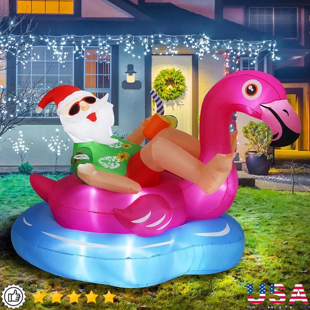 

8FT Christmas Inflatable Santa Claus On Flamingo Pool Float With LED Lights Outdoor Holiday Decoration For Yard And Garden