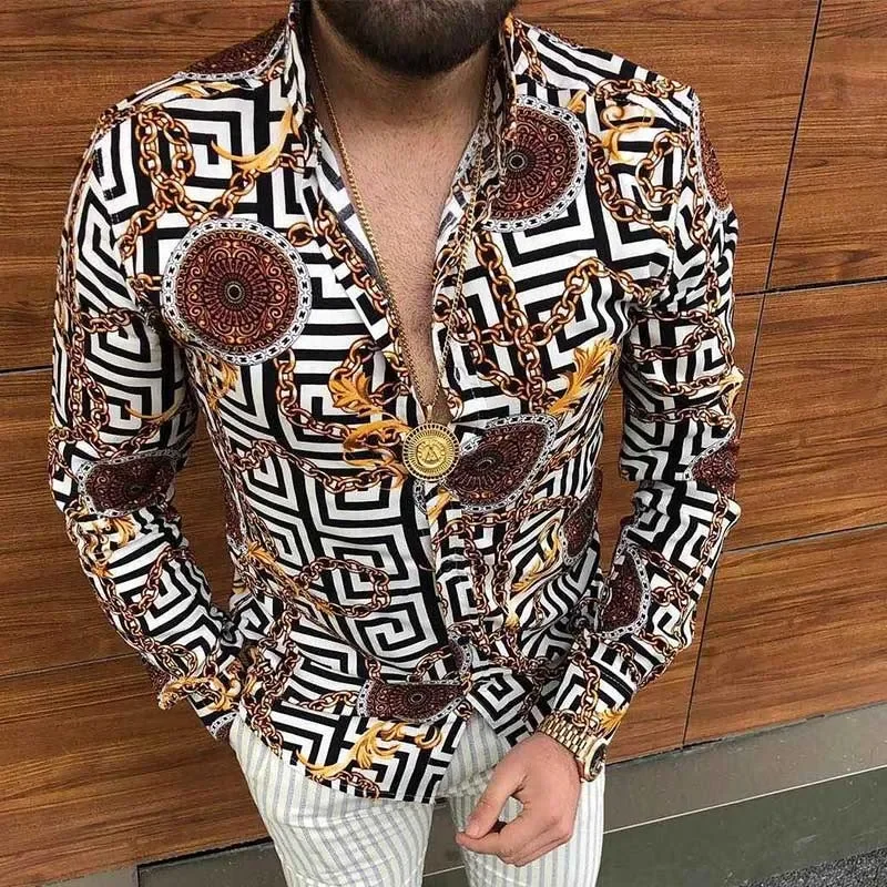 Mode Luxe Man Shirt Revers Overhemd Met Knopen Casual Designer Print Tops Met Lange Mouwen Heren Kleding Sociaal Vest Shirt