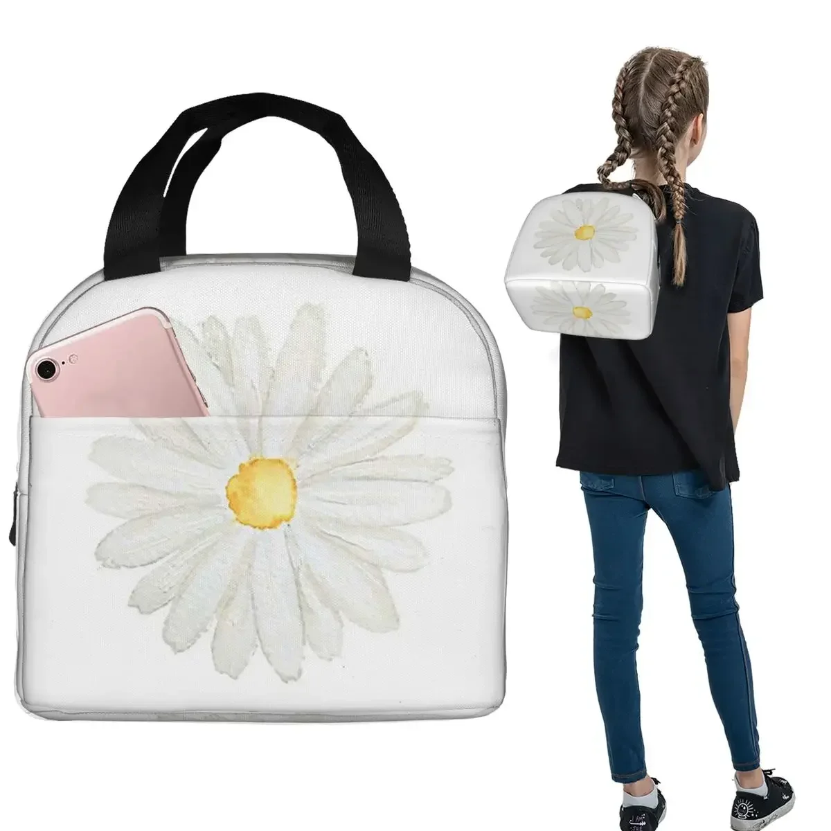 Hand Painted One Little White Daisy Watercolor Insulated Lunch Bag for Women Kids Portable Food Boxes Thermal Lunch Box Tote