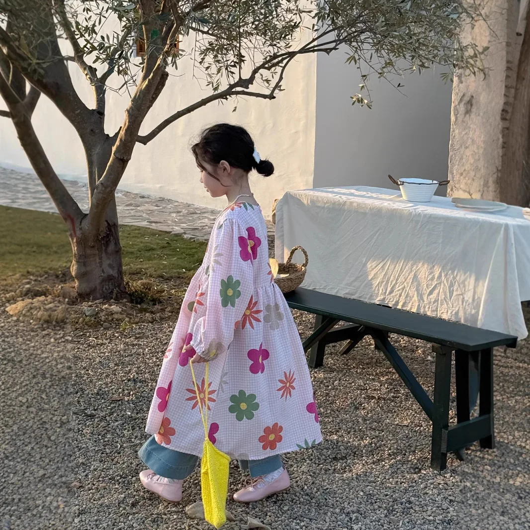 

2025 Spring Children Girls Princess Long Dress Cotton Rainbow Flower Infant Baby Girl Dress Loose Round Collar Kid Girl Vestidos