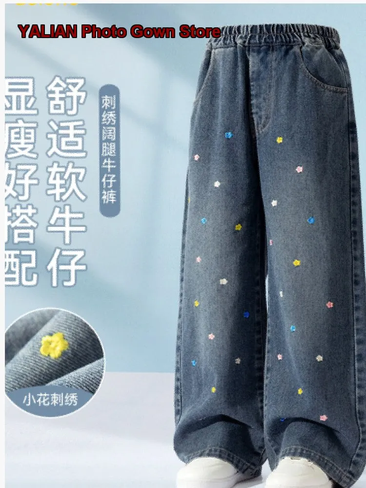 Girls Denim Wide Leg Pants Kids Fall Thin Distressed Faded Solid Color