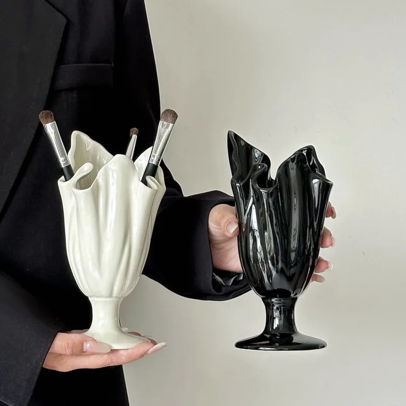 Ceramic Multifunctional Vase Makeup Brush Holder Pen Cup Desktop Home Office Vanity Tabletop Minimalist Decorative Organizer