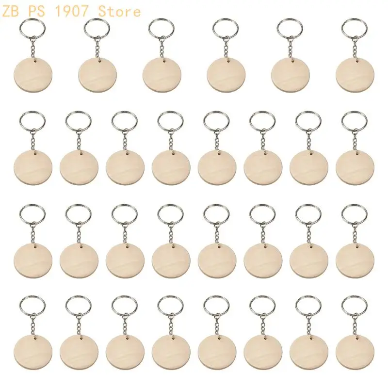 Unfinished Wooden Keychain Blanks with Metal Split Rings and Short Chains, Plain Slices for Personalized Craft Projects 55KA