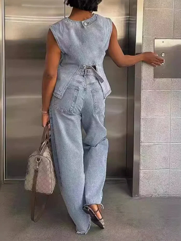 XIZOU Elegant Women Denim 2 Piece Set Sleeveless Tank Top Wide Leg Pants Matching Set 2024 New Autumn Streetwear Jeans Outfits