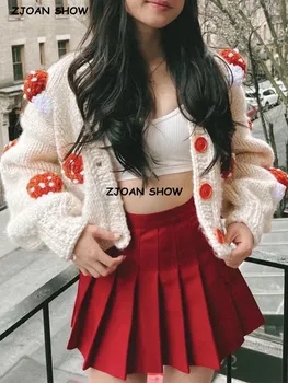 Zoete Handgemaakte Gehaakte 3d Champignon Bal Vest Retro Vrouw V Hals Lange Mouw Paars Gebreide Trui Gebreide Trui Trui Trui