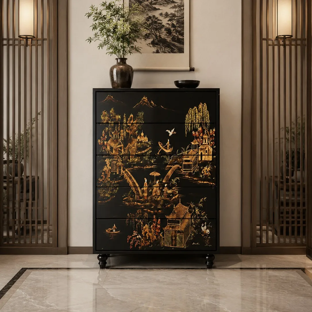 CX new Chinese landscape hand-painted lacquer painting five buckets, solid wood living room against the wall,  cabinet