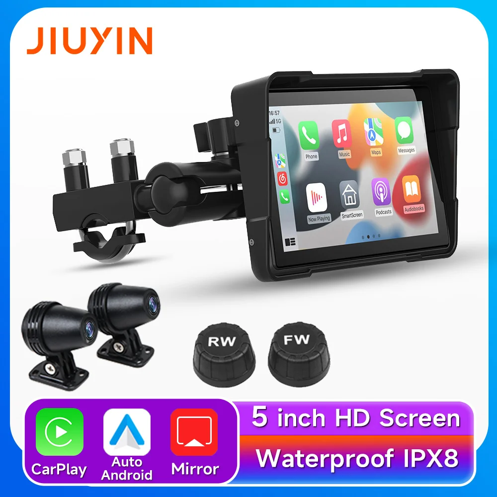 JIUYIN 5inch Motorcycle Navigation GPS Wireless Apple Carplay Android IPX7 Waterproof HD Dual Video Recording Smart