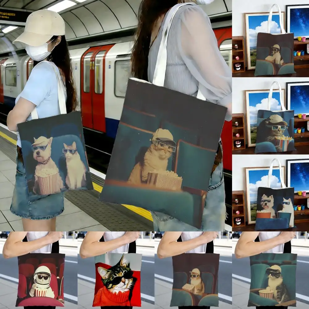 Whimsical Quirky I-Interesting Cats And Dogs Storage Bags Printed Series Shoulder Bag Portable Daily Lightweight Tote Bag