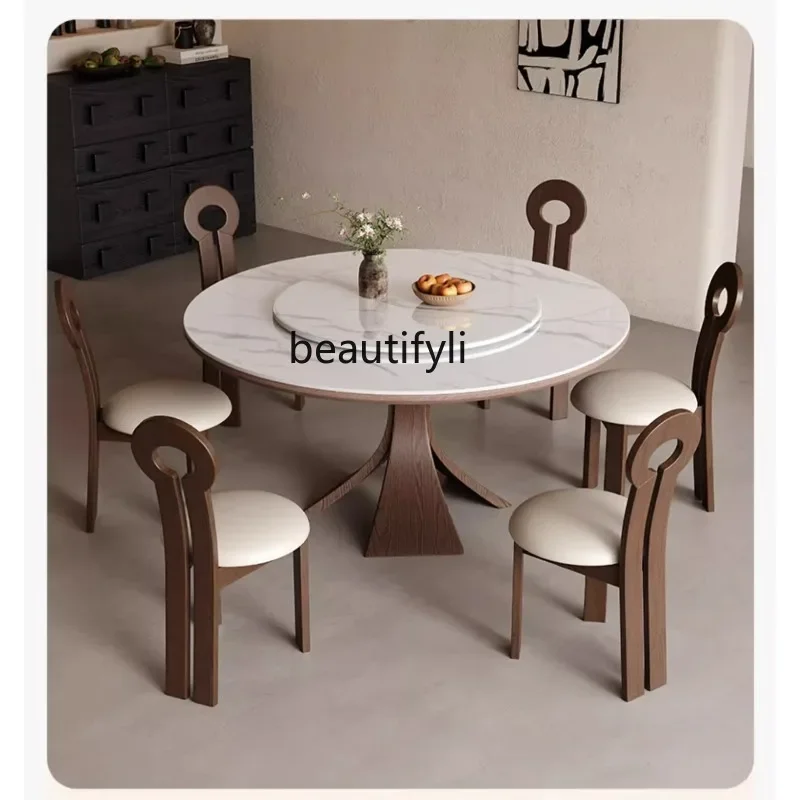 Retro style solid wood rock slab dining table walnut round dining table small apartment home new