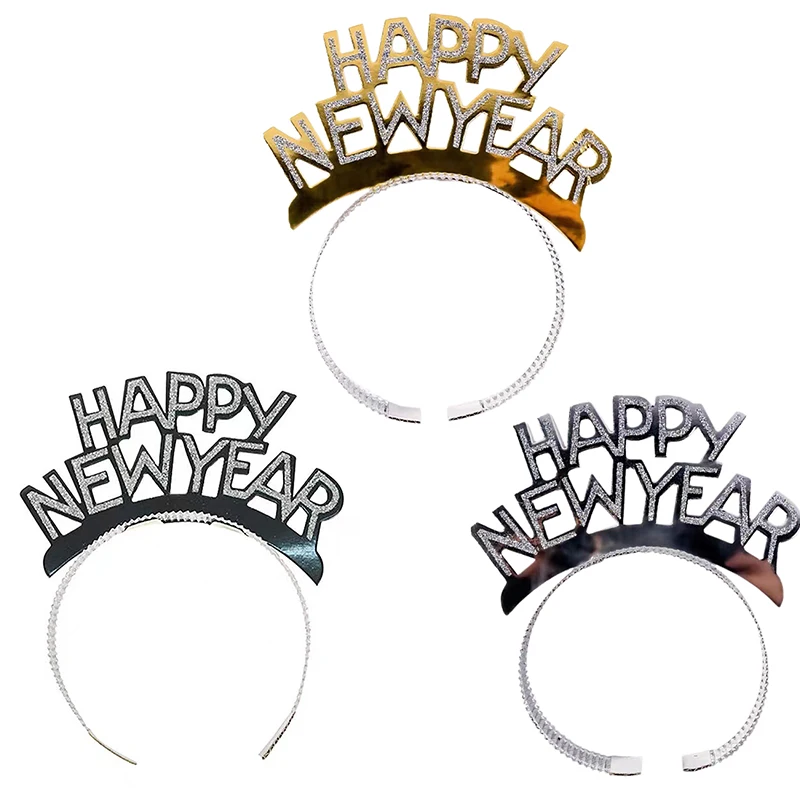 5Pcs Happy New Year Letter Glitter Sequin Hair Hoop Adult Children Headband New Year Party Props Paper Hairbands Headpiece Decor