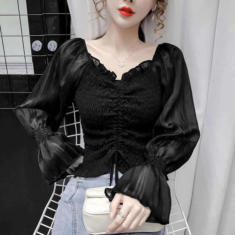 

One-Shoulder Pleated T-shirt for Women, Flared Sleeve Top, Slim-Fit, Drawstring, Female Fashion, Fall, Temperament, New,